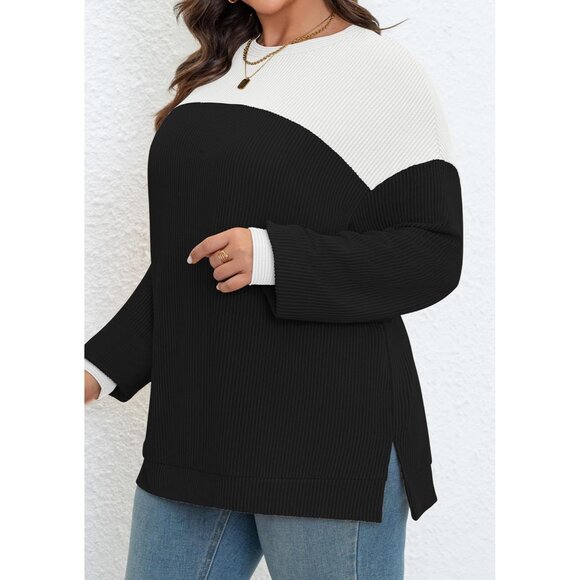 Plus Size Sweatshirt Color Block Long Sleeve Crewneck Casual Pullover - Picture 3 of 5